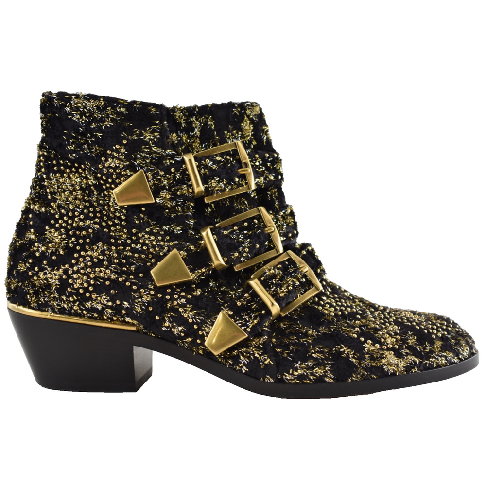 Chloe Suzanna Black Gold Velvet Coupe Studded Short Zipper Ankle Heel Bootie 37 - Picture 1 of 15